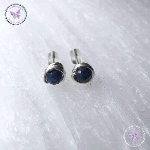 Blue Sapphire Silver Wire Wrap Stud Earrings